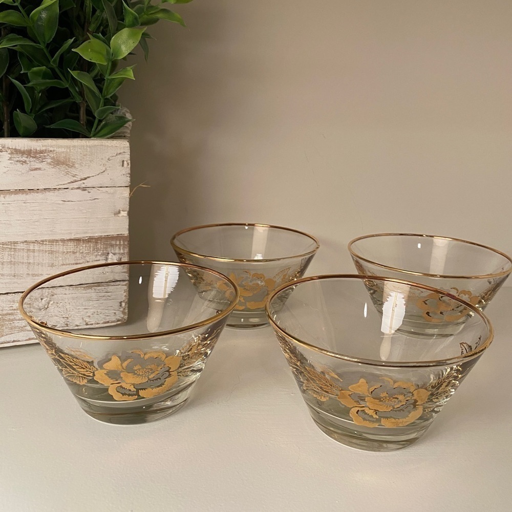 Libbey White & Gold Rose Bouquet 4-1/8" Bowls Set of 4 Vintage 60's MCM